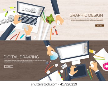 Graphic and web design illustration.Flat style.Designer workplace with tools.Web development,user interface design.UI.Digital drawing.Graphic design trends and ideas.Motion graphic software,tutorial