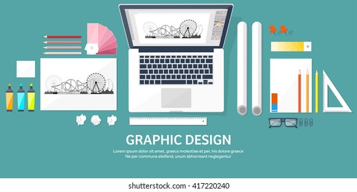 Graphic and web design illustration.Flat style.Designer workplace with tools.Web development,user interface design.UI.Digital drawing.Graphic design trends and ideas.Motion graphic software,tutorial