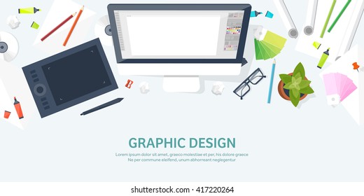 Graphic and web design illustration.Flat style.Designer workplace with tools.Web development,user interface design.UI.Digital drawing.Graphic design trends and ideas.Motion graphic software,tutorial
