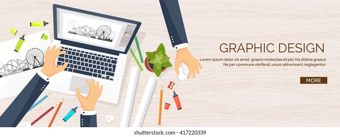 Graphic and web design illustration.Flat style.Designer workplace with tools.Web development,user interface design.UI.Digital drawing.Graphic design trends and ideas.Motion graphic software,tutorial