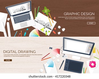 Graphic and web design illustration.Flat style.Designer workplace with tools.Web development,user interface design.UI.Digital drawing.Graphic design trends and ideas.Motion graphic software,tutorial
