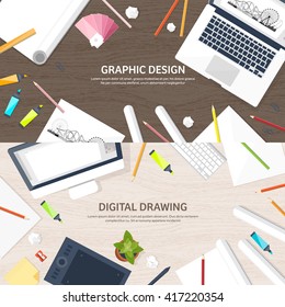 Graphic and web design illustration.Flat style.Designer workplace with tools.Web development,user interface design.UI.Digital drawing.Graphic design trends and ideas.Motion graphic software,tutorial