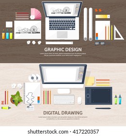 Graphic and web design illustration.Flat style.Designer workplace with tools.Web development,user interface design.UI.Digital drawing.Graphic design trends and ideas.Motion graphic software,tutorial