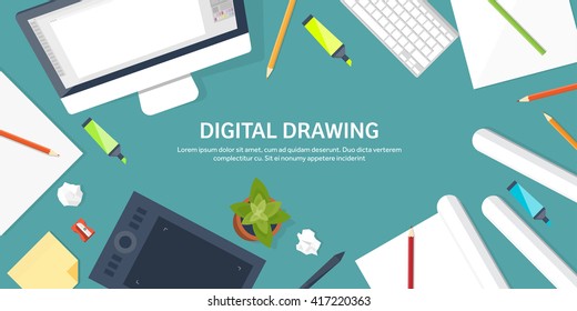 Graphic and web design illustration.Flat style.Designer workplace with tools.Web development,user interface design.UI.Digital drawing.Graphic design trends and ideas.Motion graphic software,tutorial