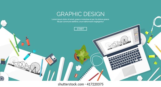Graphic and web design illustration.Flat style.Designer workplace with tools.Web development,user interface design.UI.Digital drawing.Graphic design trends and ideas.Motion graphic software,tutorial