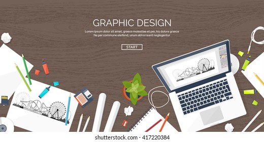 Graphic and web design illustration.Flat style.Designer workplace with tools.Web development,user interface design.UI.Digital drawing.Graphic design trends and ideas.Motion graphic software,tutorial