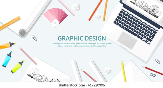 Graphic and web design illustration.Flat style.Designer workplace with tools.Web development,user interface design.UI.Digital drawing.Graphic design trends and ideas.Motion graphic software,tutorial