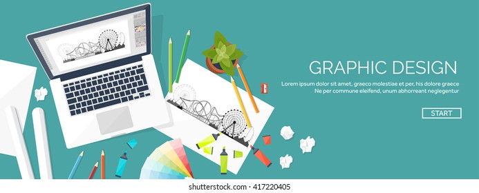 Graphic and web design illustration.Flat style.Designer workplace with tools.Web development,user interface design.UI.Digital drawing.Graphic design trends and ideas.Motion graphic software,tutorial