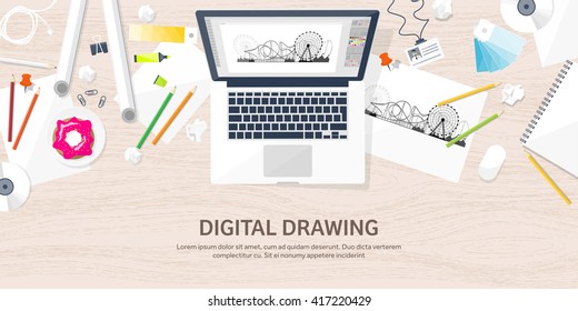 Graphic and web design illustration.Flat style.Designer workplace with tools.Web development,user interface design.UI.Digital drawing.Graphic design trends and ideas.Motion graphic software,tutorial