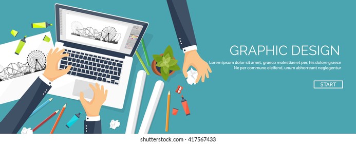 Graphic and web design illustration.Flat style.Designer workplace with tools.Web development,user interface design.UI.Digital drawing.Graphic design trends and ideas.Motion graphic software,tutorial