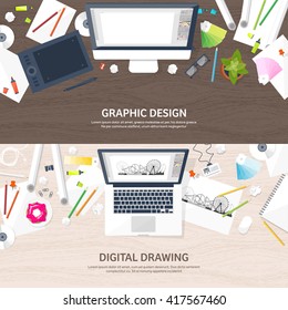 Graphic and web design illustration.Flat style.Designer workplace with tools.Web development,user interface design.UI.Digital drawing.Graphic design trends and ideas.Motion graphic software,tutorial