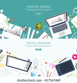 Graphic and web design illustration.Flat style.Designer workplace with tools.Web development,user interface design.UI.Digital drawing.Graphic design trends and ideas.Motion graphic software,tutorial