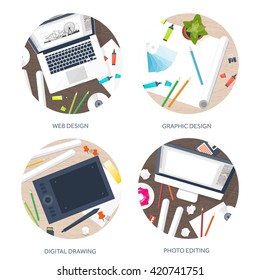 Graphic and web design illustration.Flat style.Designer workplace with tools.Web development,user interface design.UI.Digital drawing.Graphic design trends and ideas.Motion graphic software,tutorial