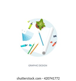 Graphic and web design illustration.Flat style.Designer workplace with tools.Web development,user interface design.UI.Digital drawing.Graphic design trends and ideas.Motion graphic software,tutorial