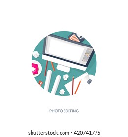 Graphic and web design illustration.Flat style.Designer workplace with tools.Web development,user interface design.UI.Digital drawing.Graphic design trends and ideas.Motion graphic software,tutorial