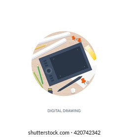 Graphic and web design illustration.Flat style.Designer workplace with tools.Web development,user interface design.UI.Digital drawing.Graphic design trends and ideas.Motion graphic software,tutorial