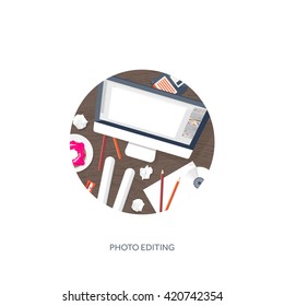 Graphic and web design illustration.Flat style.Designer workplace with tools.Web development,user interface design.UI.Digital drawing.Graphic design trends and ideas.Motion graphic software,tutorial