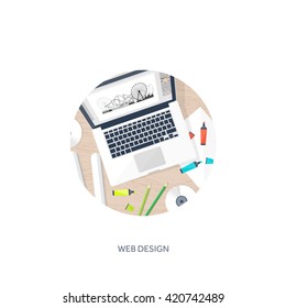 Graphic and web design illustration.Flat style.Designer workplace with tools.Web development,user interface design.UI.Digital drawing.Graphic design trends and ideas.Motion graphic software,tutorial