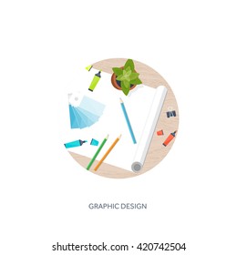 Graphic and web design illustration.Flat style.Designer workplace with tools.Web development,user interface design.UI.Digital drawing.Graphic design trends and ideas.Motion graphic software,tutorial