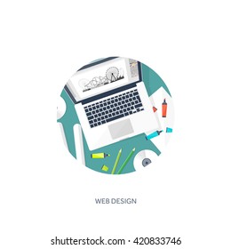 Graphic and web design illustration.Flat style.Designer workplace with tools.Web development,user interface design.UI.Digital drawing.Graphic design trends and ideas.Motion graphic software,tutorial