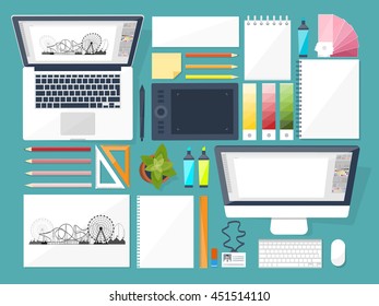 Graphic and web design illustration.Flat style.Designer workplace with tools.Web development,user interface design.UI.Digital drawing.Graphic design trends and ideas.Motion graphic software,tutorial