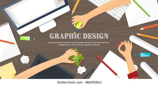 Graphic and web design illustration.Flat style.Designer workplace with tools.Web development,user interface design.UI.Digital drawing.Graphic design trends and ideas.Motion graphic software,tutorial