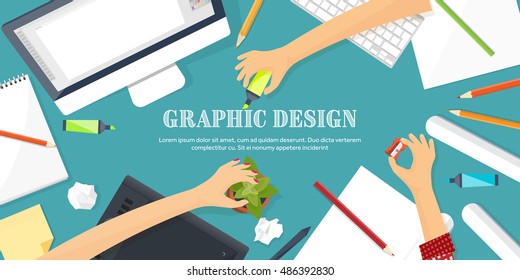 Graphic and web design illustration.Flat style.Designer workplace with tools.Web development,user interface design.UI.Digital drawing.Graphic design trends and ideas.Motion graphic software,tutorial