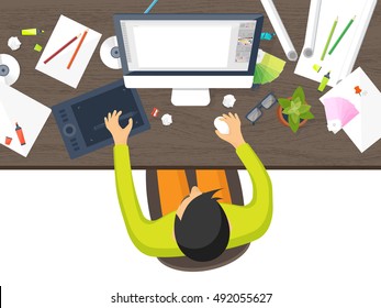 Graphic and web design illustration.Flat style.Designer workplace with tools.Web development,user interface design.UI.Digital drawing.Graphic design trends and ideas.Motion graphic software,tutorial