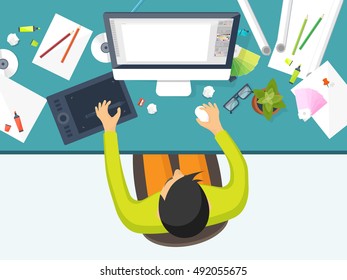 Graphic and web design illustration.Flat style.Designer workplace with tools.Web development,user interface design.UI.Digital drawing.Graphic design trends and ideas.Motion graphic software,tutorial