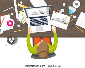 Graphic and web design illustration.Flat style.Designer workplace with tools.Web development,user interface design.UI.Digital drawing.Graphic design trends and ideas.Motion graphic software,tutorial