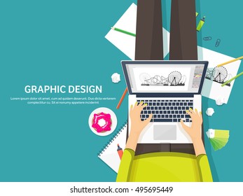 Graphic and web design illustration.Flat style.Designer workplace with tools.Web development,user interface design.UI.Digital drawing.Graphic design trends and ideas.Motion graphic software,tutorial