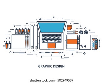 Graphic and web design illustration.Flat style.Designer workplace with tools.Web development,user interface design.UI.Digital drawing.Graphic design trends and ideas.Motion graphic software,tutorial