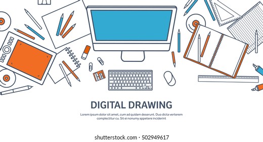 Graphic and web design illustration.Flat style.Designer workplace with tools.Web development,user interface design.UI.Digital drawing.Graphic design trends and ideas.Motion graphic software,tutorial