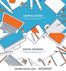 Graphic and web design illustration.Flat style.Designer workplace with tools.Web development,user interface design.UI.Digital drawing.Graphic design trends and ideas.Motion graphic software,tutorial