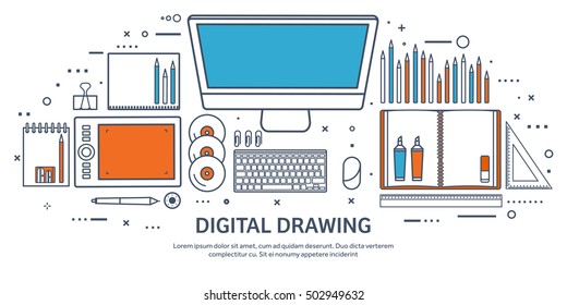 Graphic and web design illustration.Flat style.Designer workplace with tools.Web development,user interface design.UI.Digital drawing.Graphic design trends and ideas.Motion graphic software,tutorial