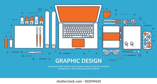 Graphic and web design illustration.Flat style.Designer workplace with tools.Web development,user interface design.UI.Digital drawing.Graphic design trends and ideas.Motion graphic software,tutorial