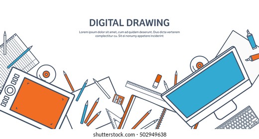 Graphic and web design illustration.Flat style.Designer workplace with tools.Web development,user interface design.UI.Digital drawing.Graphic design trends and ideas.Motion graphic software,tutorial