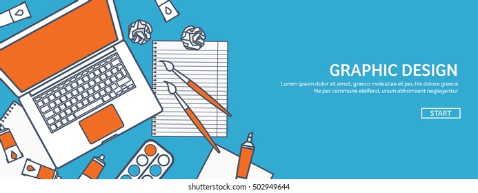 Graphic and web design illustration.Flat style.Designer workplace with tools.Web development,user interface design.UI.Digital drawing.Graphic design trends and ideas.Motion graphic software,tutorial