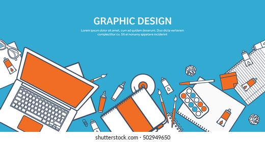 Graphic and web design illustration.Flat style.Designer workplace with tools.Web development,user interface design.UI.Digital drawing.Graphic design trends and ideas.Motion graphic software,tutorial