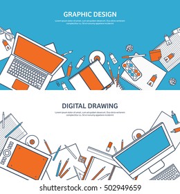 Graphic and web design illustration.Flat style.Designer workplace with tools.Web development,user interface design.UI.Digital drawing.Graphic design trends and ideas.Motion graphic software,tutorial