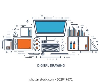 Graphic and web design illustration.Flat style.Designer workplace with tools.Web development,user interface design.UI.Digital drawing.Graphic design trends and ideas.Motion graphic software,tutorial