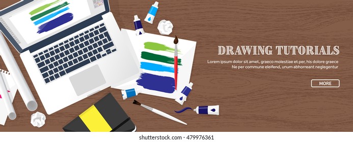 Graphic and web design illustration.Typography.Flat style.Workplace with equipment.Painting,work with color,handwriting.Digital drawing.Graphic design trends and ideas.Motion graphic software,tutorial