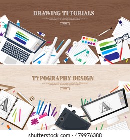 Graphic and web design illustration.Typography.Flat style.Workplace with equipment.Painting,work with color,handwriting.Digital drawing.Graphic design trends and ideas.Motion graphic software,tutorial
