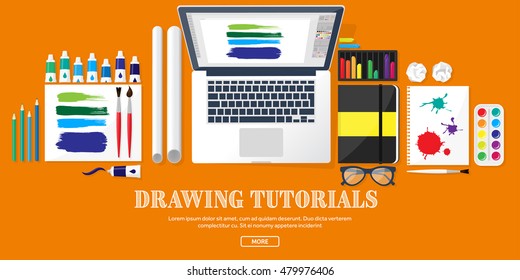 Graphic and web design illustration.Typography.Flat style.Workplace with equipment.Painting,work with color,handwriting.Digital drawing.Graphic design trends and ideas.Motion graphic software,tutorial