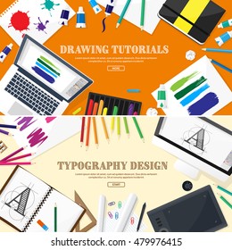 Graphic and web design illustration.Typography.Flat style.Workplace with equipment.Painting,work with color,handwriting.Digital drawing.Graphic design trends and ideas.Motion graphic software,tutorial