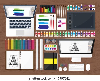 Graphic and web design illustration.Typography.Flat style.Workplace with equipment.Painting,work with color,handwriting.Digital drawing.Graphic design trends and ideas.Motion graphic software,tutorial