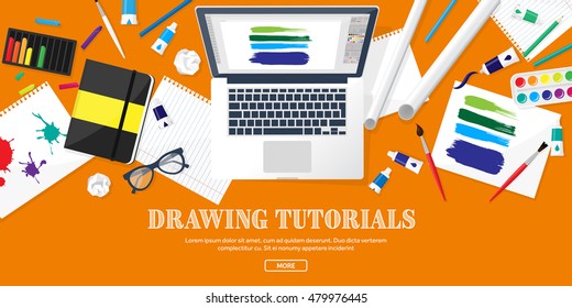 Graphic and web design illustration.Typography.Flat style.Workplace with equipment.Painting,work with color,handwriting.Digital drawing.Graphic design trends and ideas.Motion graphic software,tutorial