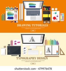 Graphic and web design illustration.Typography.Flat style.Workplace with equipment.Painting,work with color,handwriting.Digital drawing.Graphic design trends and ideas.Motion graphic software,tutorial