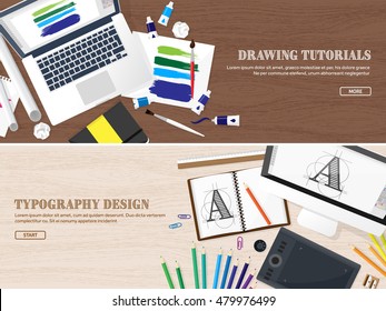 Graphic and web design illustration.Typography.Flat style.Workplace with equipment.Painting,work with color,handwriting.Digital drawing.Graphic design trends and ideas.Motion graphic software,tutorial