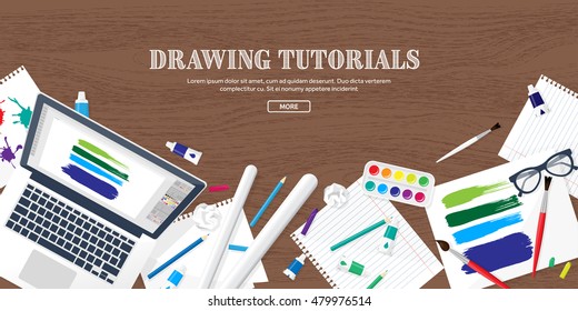 Graphic and web design illustration.Typography.Flat style.Workplace with equipment.Painting,work with color,handwriting.Digital drawing.Graphic design trends and ideas.Motion graphic software,tutorial